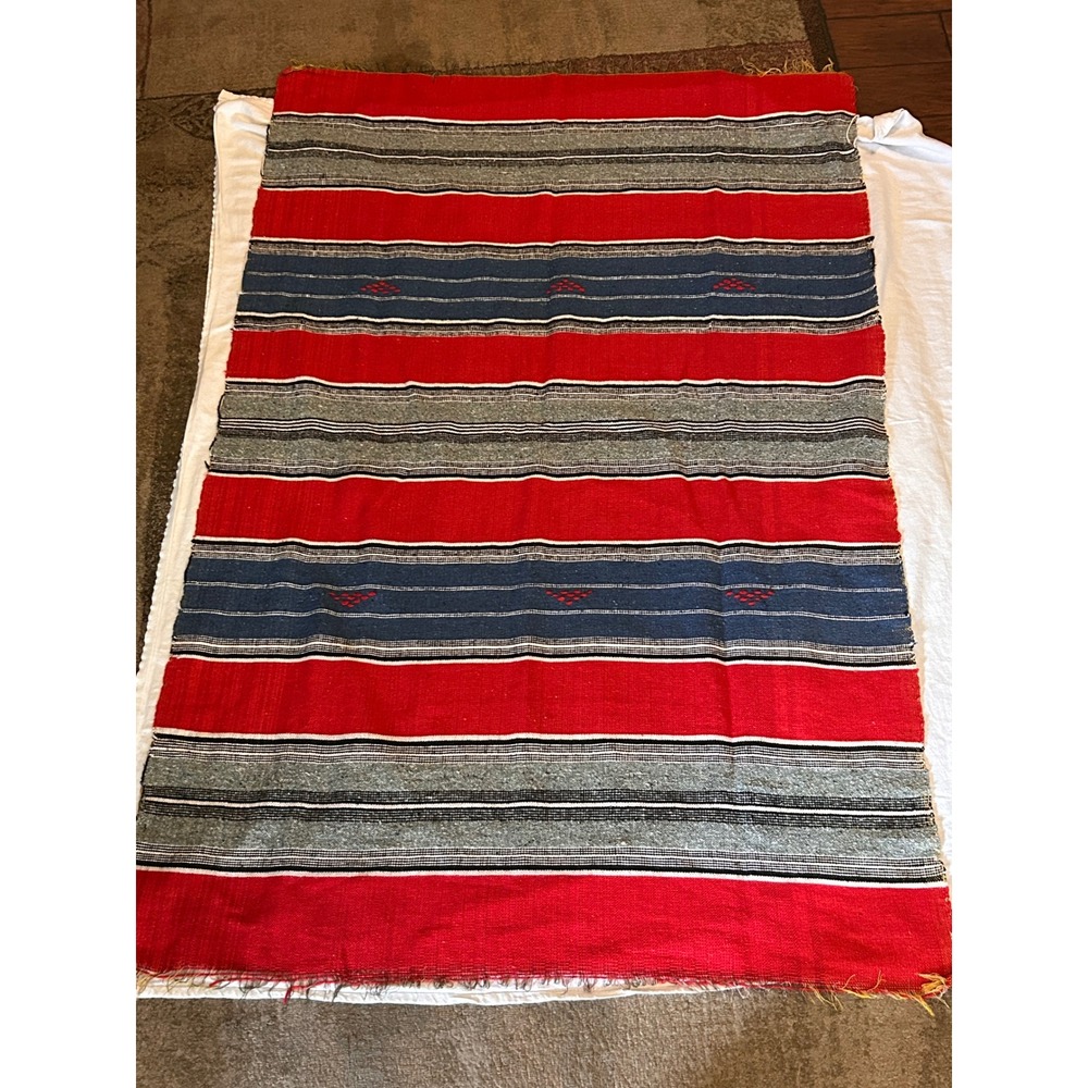 Vintage Turkish Kilim Handwoven Wool Blend Red Blue Striped Textile 6x4
